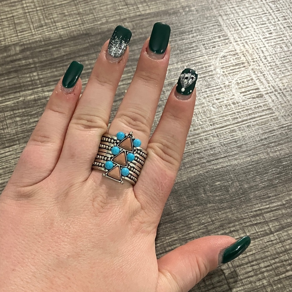 Turquoise and Silver Geometric Ring Set